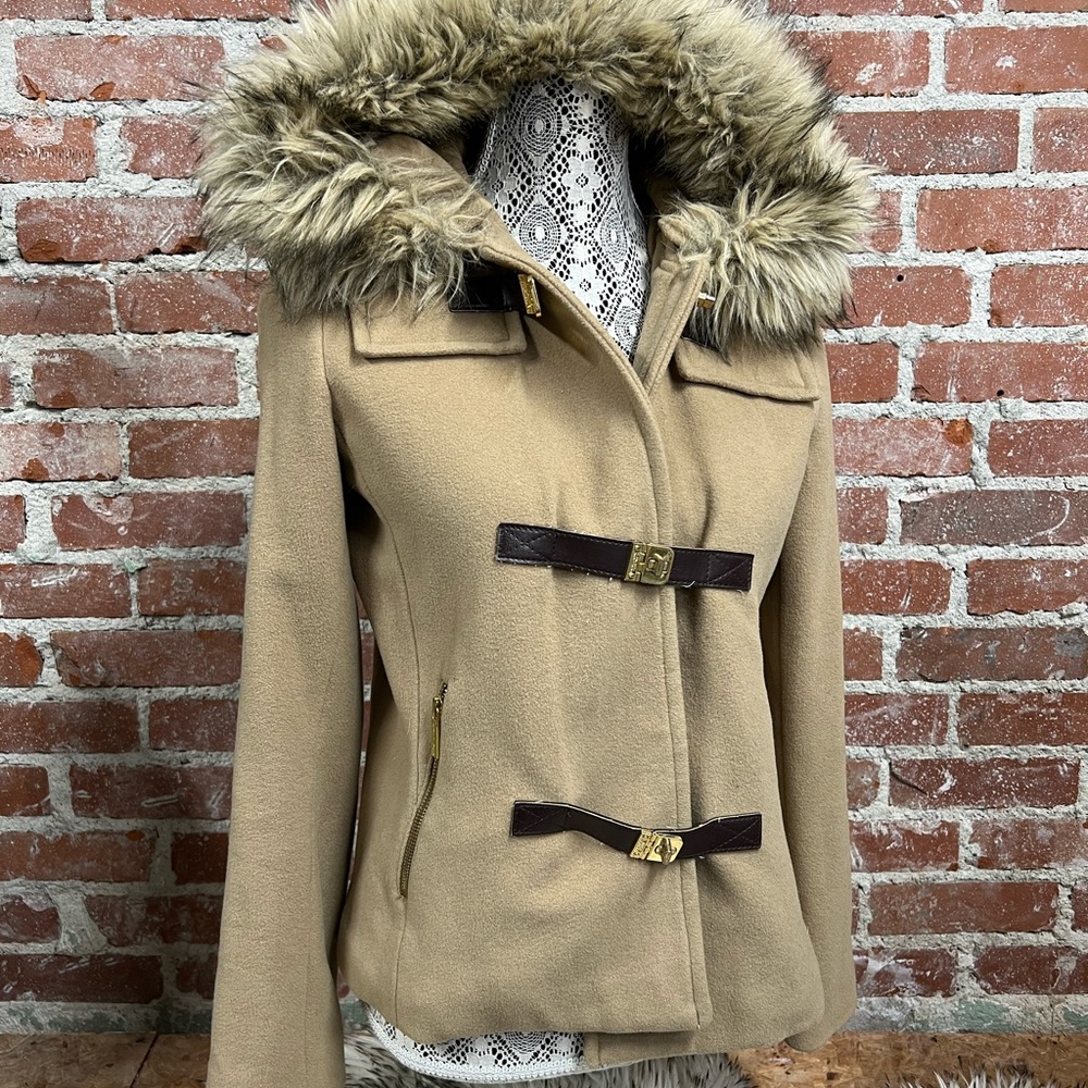 MICHAEL KORS wool cashmere blend tan neutral fall winter jacket small faux fur